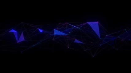 Abstract cg polygonal grid blue and violet neon triangles. Geometric light motion background. Lowpoly wireframe