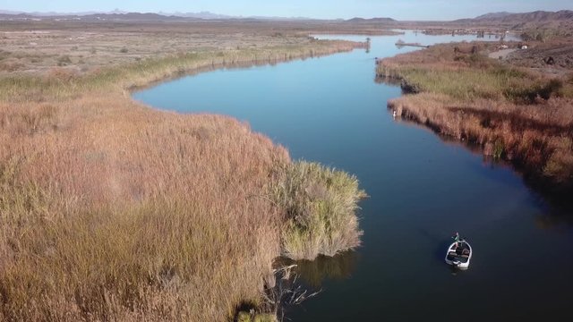 Aerial Fisherman In Boat Drifting On Lower Colorado River - Arizona