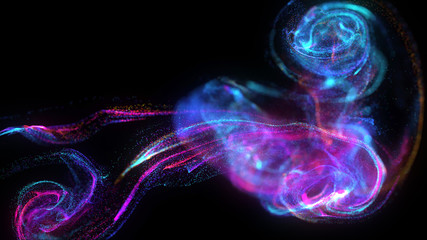 Liquid glowing multicolor neon dust. Fluid blue and pink wallpaper. Abstract background. Particles cloud.