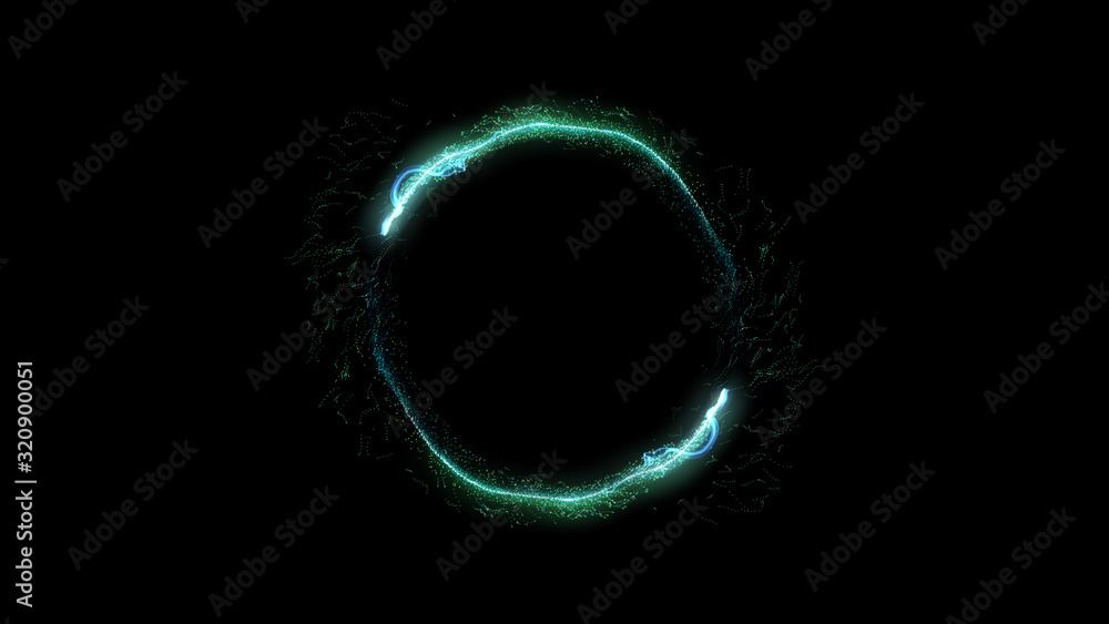 Poster neon circle. round frame background. multiple sparkle swirls. green color. glowing ring. isolated on