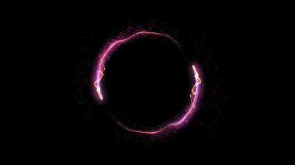 Neon circle. Round frame background. Multiple sparkle swirls. pink color. Glowing ring. Isolated on black.