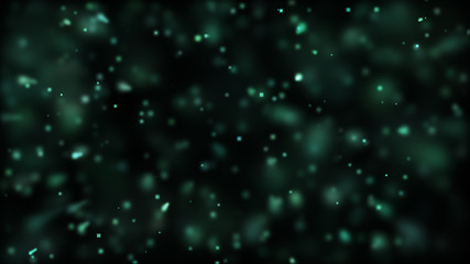 Bright green bokeh lights abstract background. Flying particles or dust. Vivid lightning. Merry christmas design. Blurred light dots.