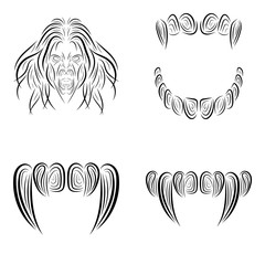 Vampire set icons. Scary and screaming head, opened mouth, sharp mouth, teeth,