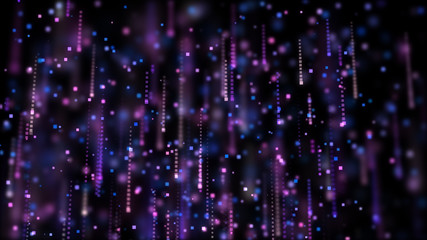Bright violet bokeh lights abstract background. Flying blue particles or dust. Vivid lightning. Merry christmas design. Blurred light dots.
