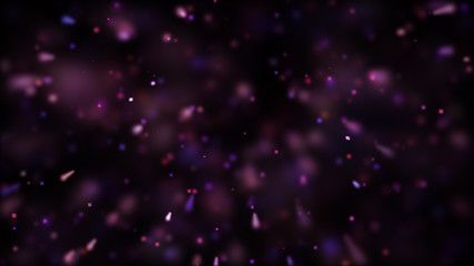 Bright violet bokeh lights abstract background. Flying blue particles or dust. Vivid lightning. Merry christmas design. Blurred light dots.