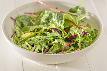 Frischer Salat angerichtet mit Essig und Öl