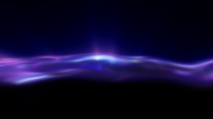 Bright wavy background. Glowing dots and lines. Neon light. Wave element for design. Smooth particle waves. Dynamic techno wallpaper. Blue and violet