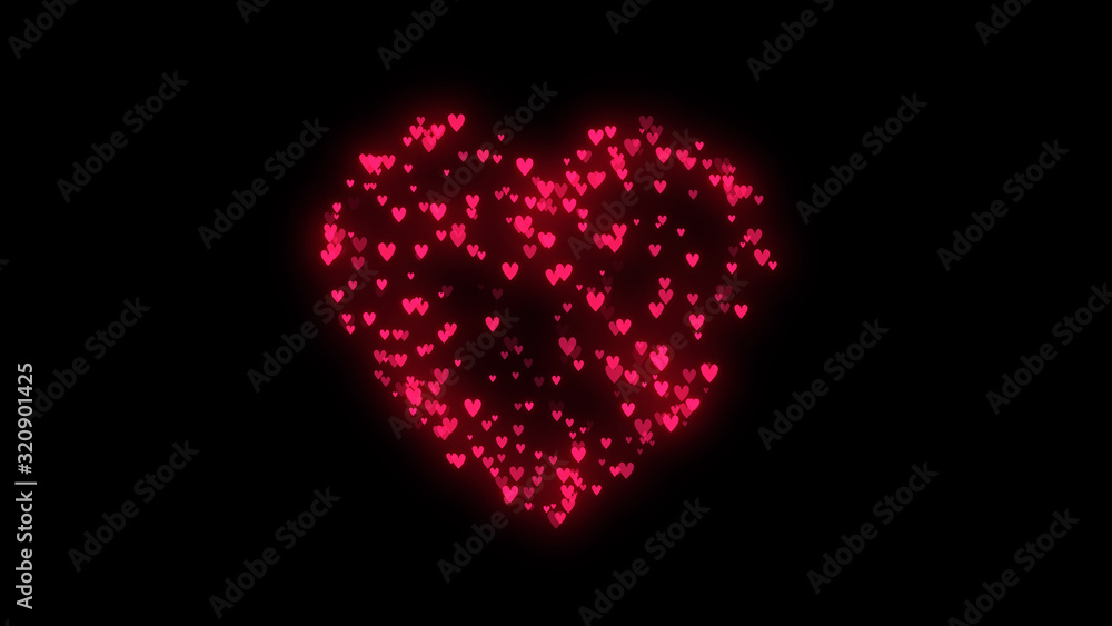 Poster pink hearts bokeh particles. magical shimmering light. valentines day template. isolated on black ba