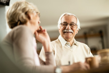 Happy senior man enjoying in conversation with his wife at home.