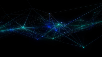 Abstract cg polygonal grid blue neon triangles. Geometric light motion background. Lowpoly wireframe