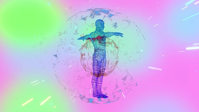 Human hologram wireframe model rotating inside a plexus sphere over pink and green background with linear particles floating.