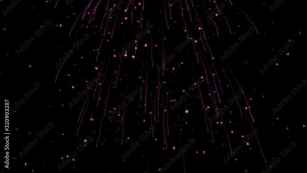Poster valentines day wallpaper. confetti explosion. falling hearts particles. isolated on black. exploding