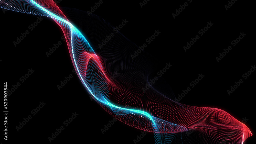 Poster bright wavy background. glowing dots and lines. neon light. wave element for design. smooth particle