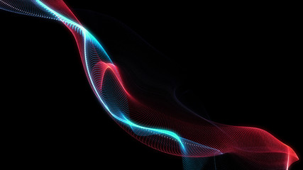 Bright wavy background. Glowing dots and lines. Neon light. Wave element for design. Smooth particle waves. Dynamic techno wallpaper. Blue and red