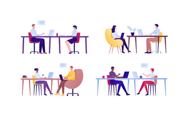 Business teamwork and coworking office concept. Vector flat person illustration. Set of different ethnic employee couple sitting and talking with laptops. Design element for banner, poster, background