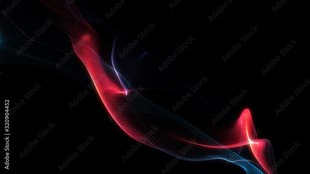 Poster bright wavy background. glowing dots and lines. neon light. wave element for design. smooth particle