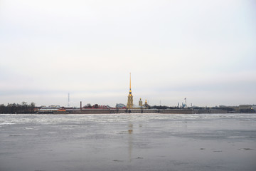 Frozen River Neva and bastion of Peter Paul Fortress.
