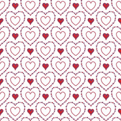 Seamless pattern of hearts shapes and contours. Red with blue hearts and flowers arranged in the heart shapes. Perfect for invitations, posters, cards, textiles, paper, weddings, for Valentines Day