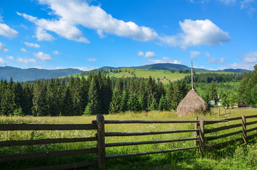 Stack of hay on a mountain meadow on a hillside. beautiful landscape of mountainous countryside on a bright sunny day. Carpathians Ukraine