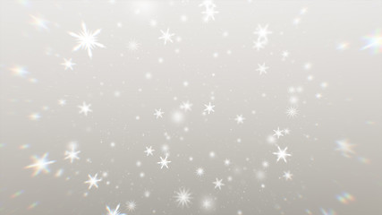 Bright white bokeh lights abstract background. Flying silver particles or dust. Vivid lightning. Merry christmas design. Blurred light dots.