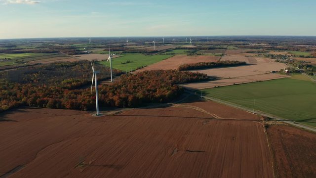 Aerial shot of wind turbines on a rural area in Ontario, Canada