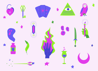 Vector set magic and witchcraft. Hand drawn, doodle magician collection with tarot, potion, crystal, knife, spells, rune stones,  Illustrations for stickers, embroidery, badges.