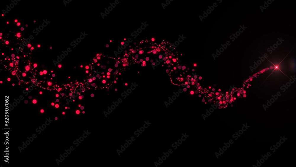 Poster flight of red bokeh particles. magical shimmering light. isolated on black background.