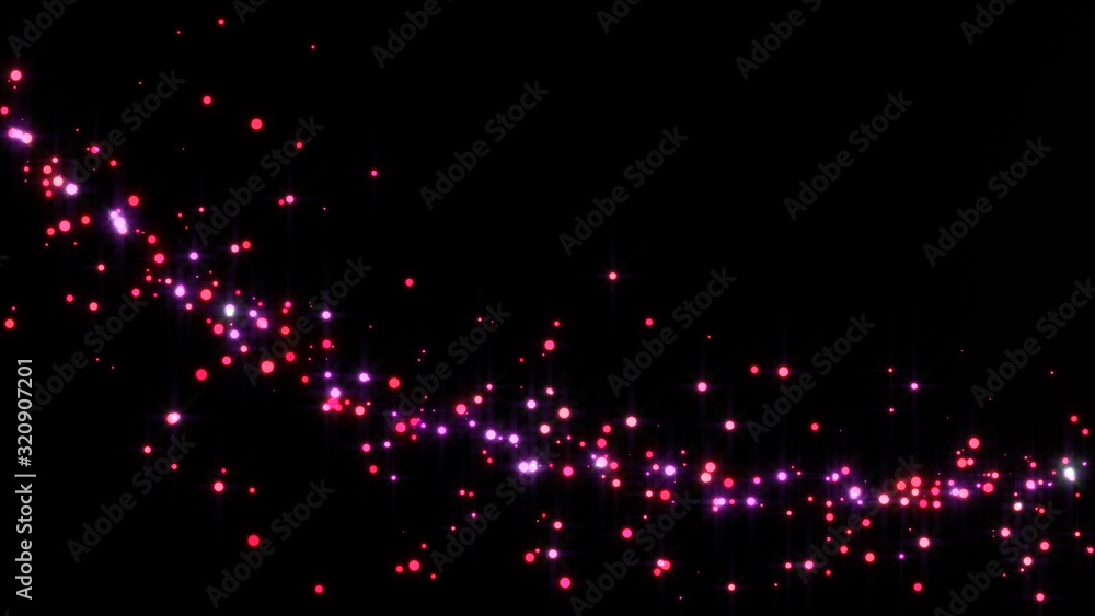 Poster flight of pink bokeh particles. magical shimmering light. isolated on black background.
