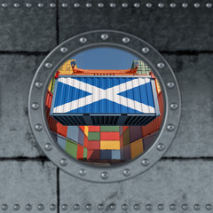 Looking through a ship Porthole. Container with Scotland flag being loaded. 3D Rendering