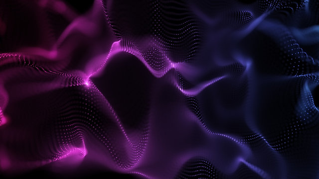 Bright wavy background. Glowing dots and lines. Neon light. Wave element for design. Smooth particle waves. Dynamic techno wallpaper. Blue and violet © Bokehstore