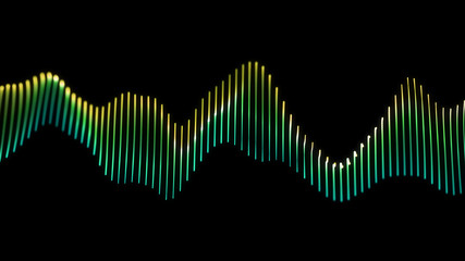 Bright wavy background. Glowing dots and lines. Neon light. Wave element for design. Smooth particle waves. Dynamic techno wallpaper. Green color.