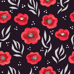 Seamless floral pattern with watercolor poppy flowers. 