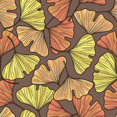 Seamless ginkgo biloba autumn leaf pattern. Hand drawn vector illustration	