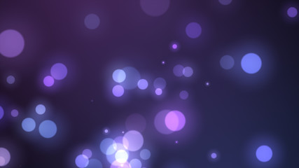 Bright violet bokeh lights abstract background. Flying blue particles or dust. Vivid lightning. Merry christmas design. Blurred light dots.