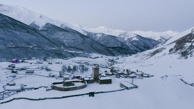 Ushguli village in Svaneti region, Georgia, Caucasus. UNESCO heritage site early in the morning.