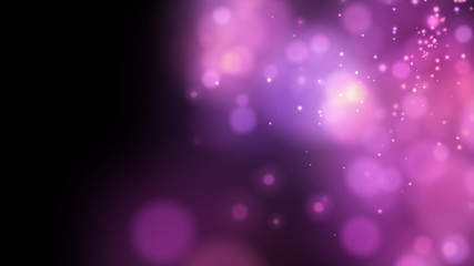 Bright pink bokeh lights abstract background. Flying particles or dust. Vivid lightning. Valentines day design. Blurred light dots.