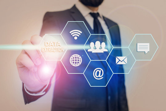 Word writing text Data Extraction. Business photo showcasing act or process of retrieving data out of data sources