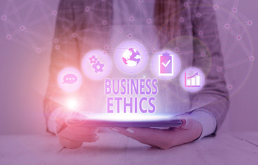 Text sign showing Business Ethics. Business photo text study of appropriate business policies and...