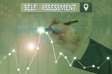 Writing note showing Self Assessment. Business concept for evaluation of oneself or one actions and attitudes