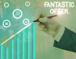 Conceptual hand writing showing Fantastic Offer. Concept meaning the seller accepts offers and is...
