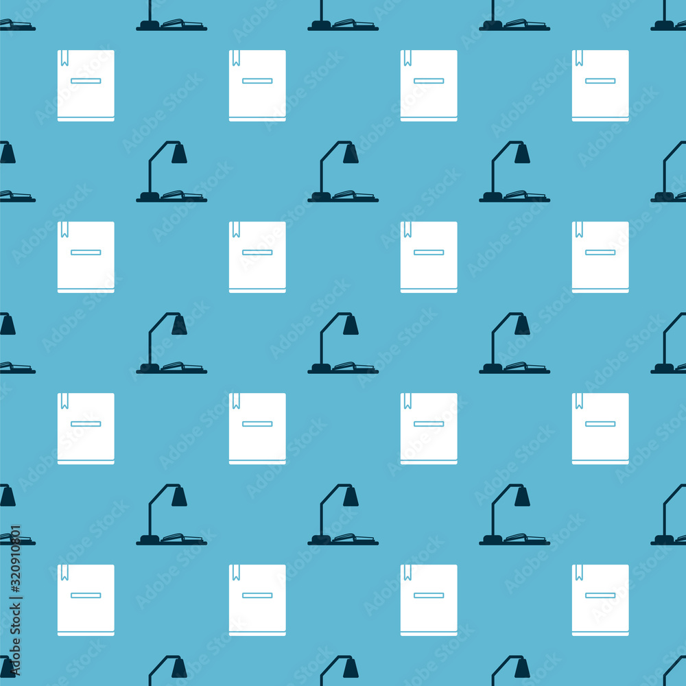 Poster set workplace with table lamp and open book and notebook on seamless pattern. vector