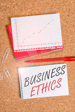 Text sign showing Business Ethics. Business photo showcasing study of appropriate business policies and practices Desk notebook paper office cardboard paperboard study supplies table chart