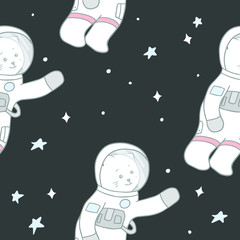 Cute seamless pattern with cat astronaut illustration. Vector illustration for fabric, textile, nursery wallpaper, print.