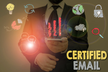 Text sign showing Certified Email. Business photo showcasing email whose sending is certified by a...
