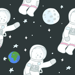 Cute seamless pattern with cat astronaut, Earth and the Moon illustration. Vector illustration for fabric, textile, nursery wallpaper, print.