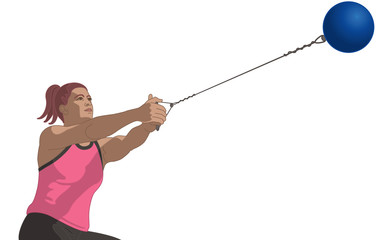 hammer throw, female athlete swinging ball isolated on a white background