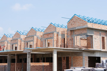SEREMBAN, MALAYSIA -JUNE 18, 2019: New double story luxury terrace house under construction in Malaysia.  Designed by an architect with a modern and contemporary style. 