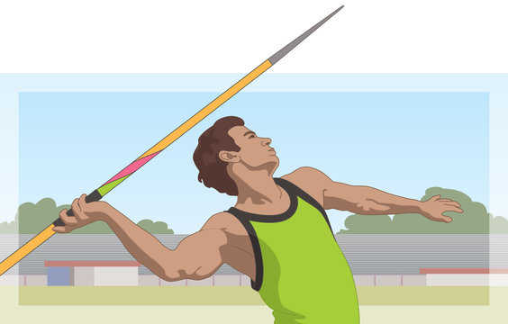 javelin male athlete throwing a spear with track and stadium in the background