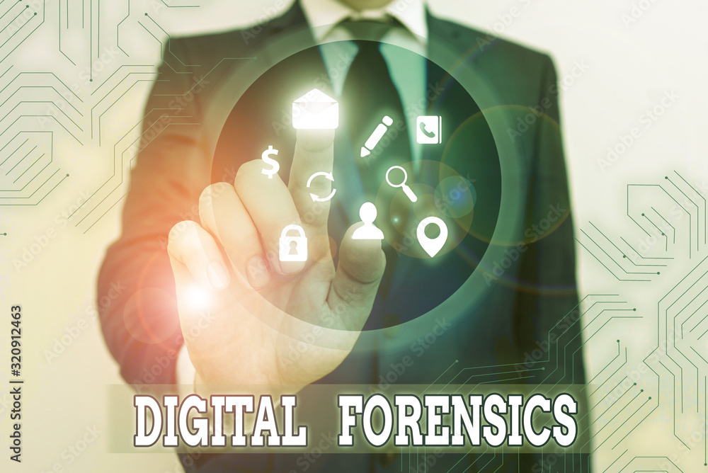 Poster conceptual hand writing showing digital forensics. concept meaning investigation of material found i