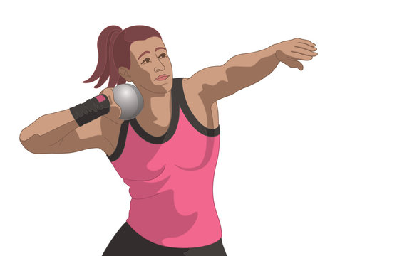 shot put female athlete in position to throw ball isolated on a white background